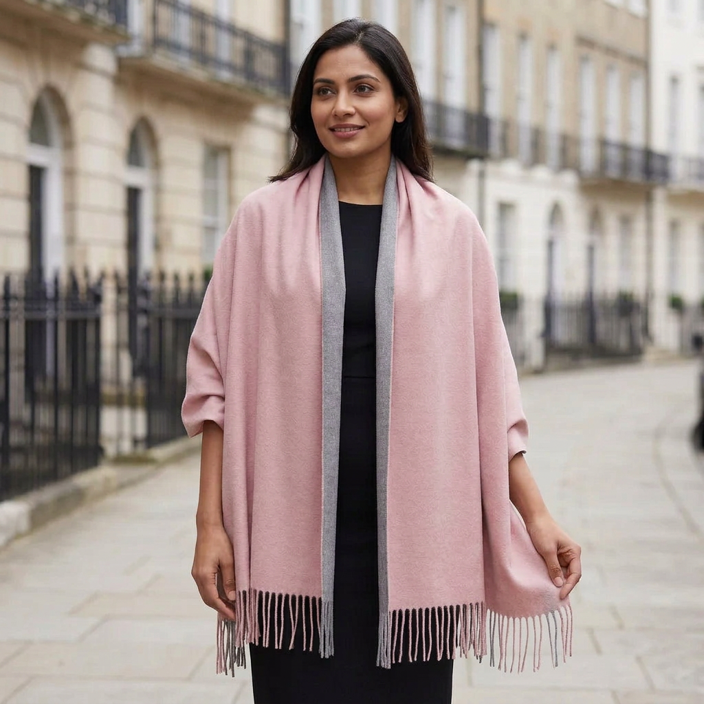 Woman wearing the grey and pink pashmina scarf as a shawl over a black dress on a London street