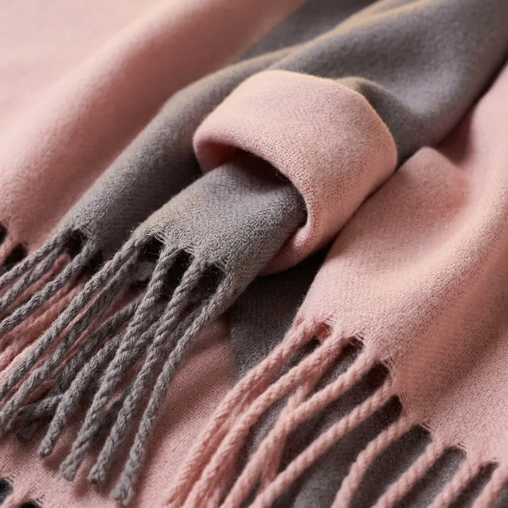 Close-up of the Livloko London grey and pink pashmina scarf showing the woven fabric and tassel fringe