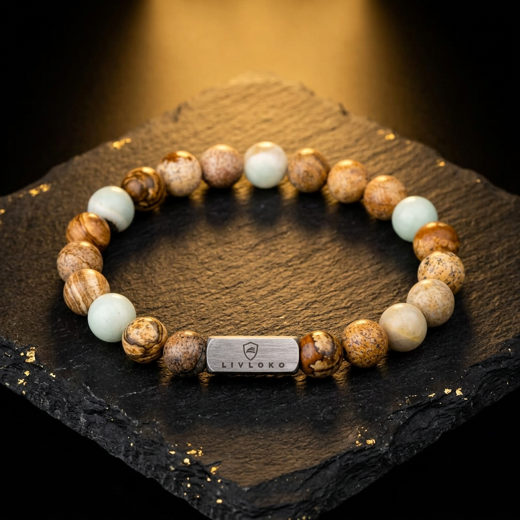 Jasper and amazonite bracelet for women with natural stone beads and engraved Livloko logo bead