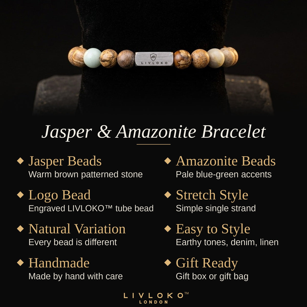 Key features of the Livloko London jasper and amazonite bracelet: natural stone beads, logo bead, gift ready