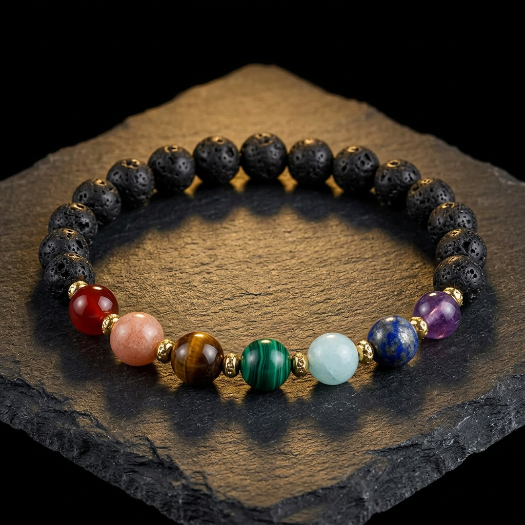 Women's lava stone chakra bracelet with black lava beads and seven chakra colour crystal beads by Livloko London