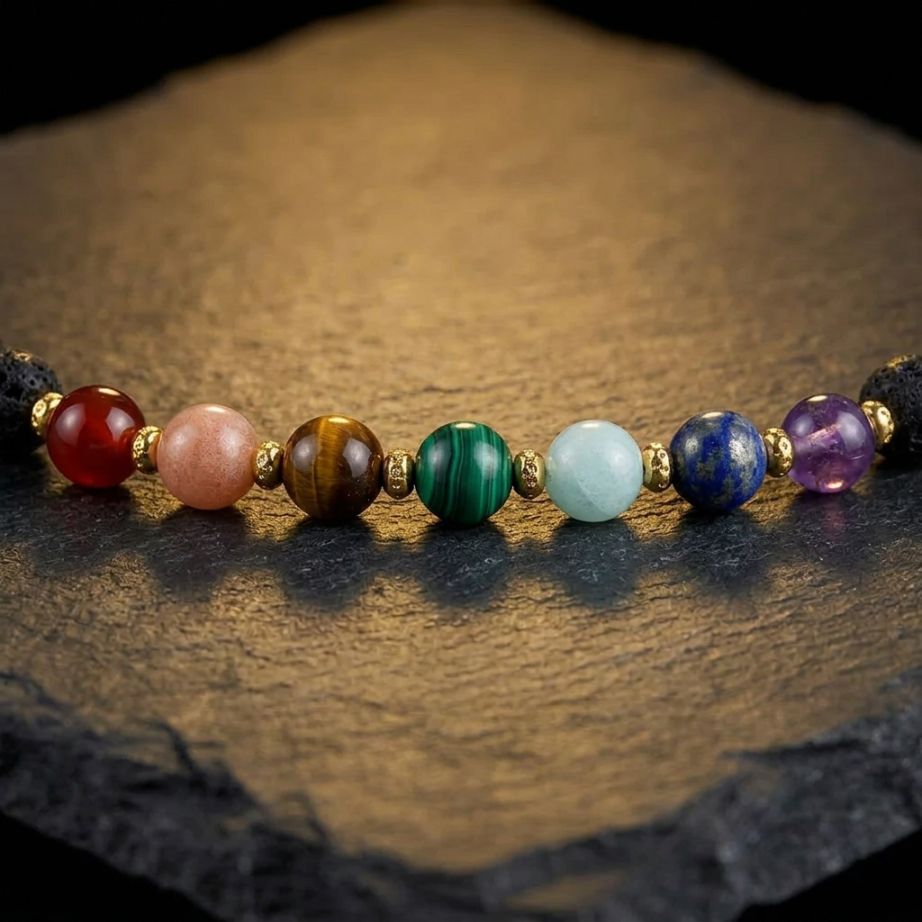 Close-up of the seven chakra colour stone beads and gold-tone spacers on the Livloko London lava stone bracelet