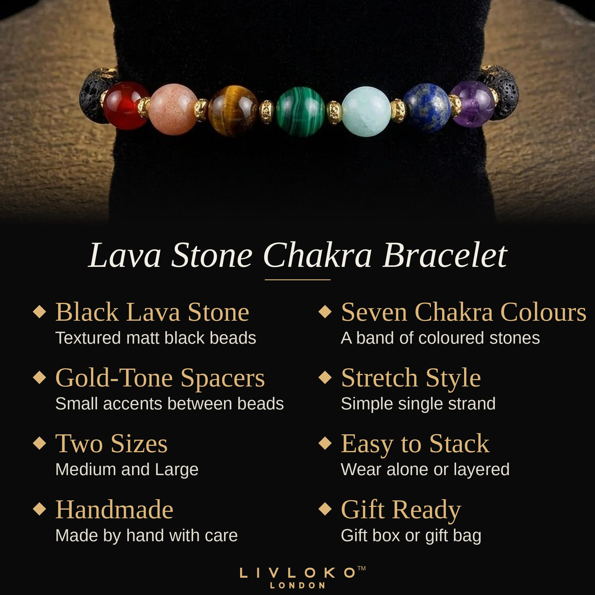 Key features of the Livloko London lava stone chakra bracelet: black lava stone, two sizes, gift ready