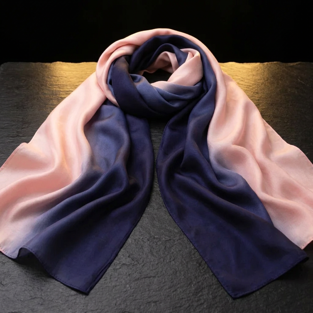 Light pink and navy gradient satin scarf for women, laid flat on dark slate