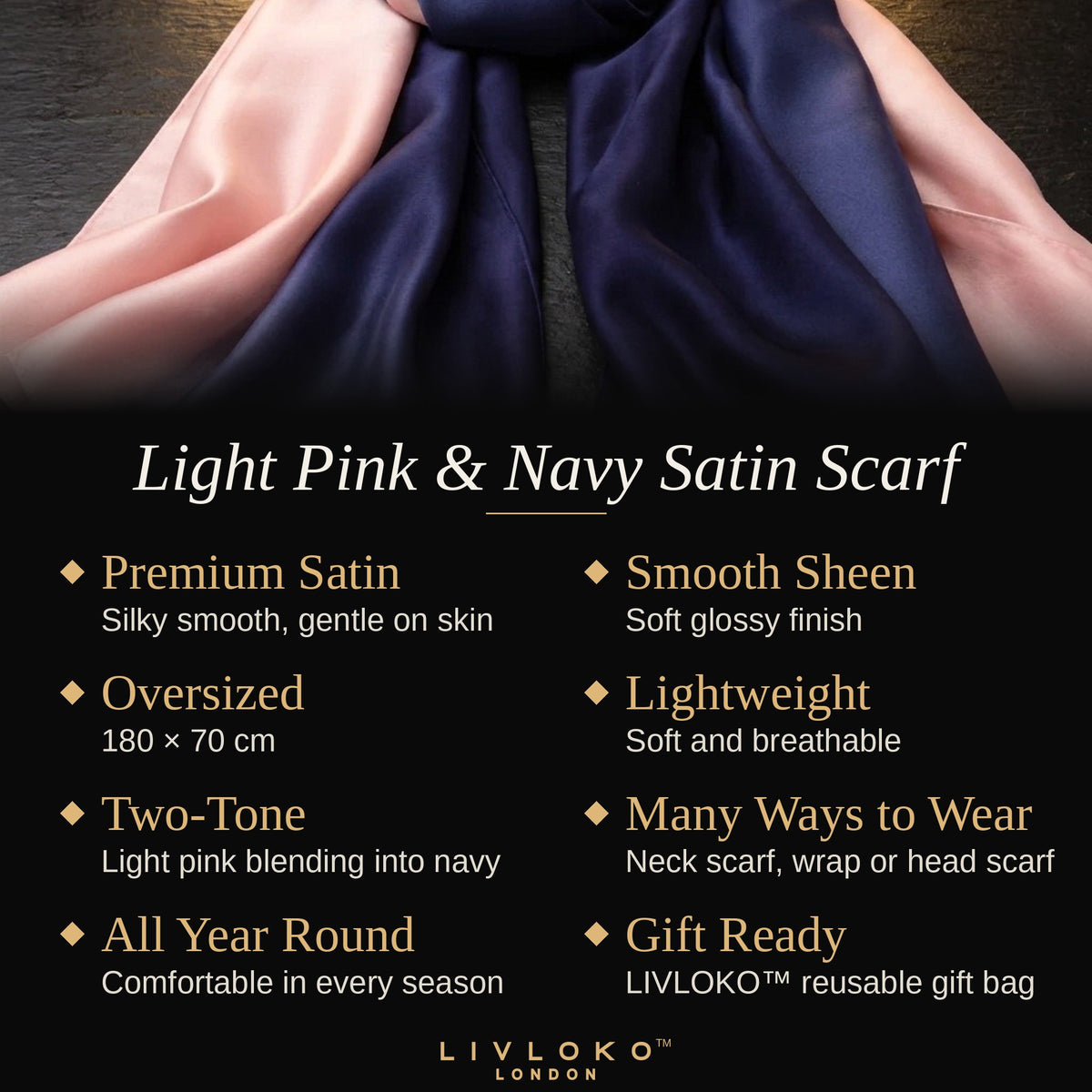 Key features of the light pink and navy satin scarf: premium satin, 180 × 70 cm, lightweight, many ways to wear