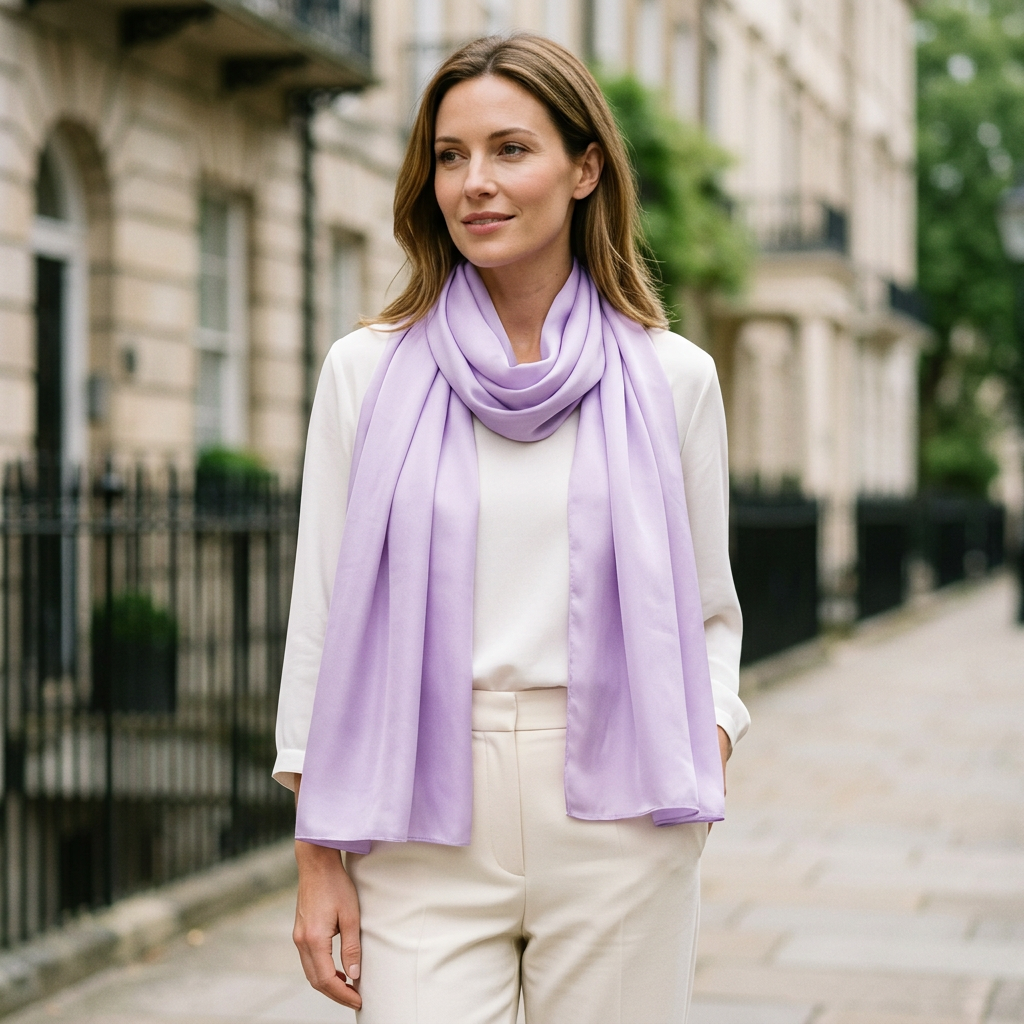 Woman wearing the lilac purple satin scarf long at the neck on a London street, showing its 180 x 70 cm size