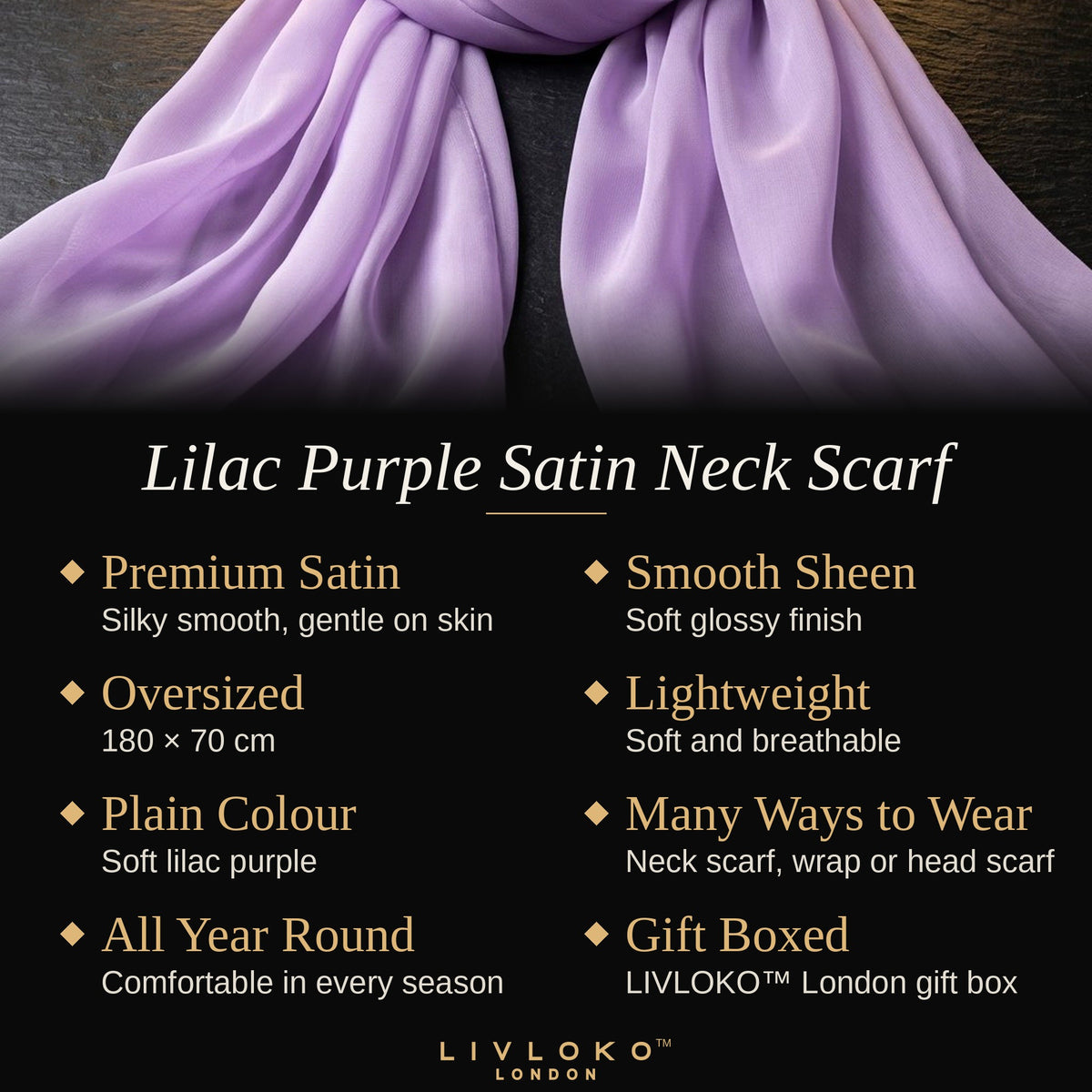 Key features of the lilac purple satin neck scarf: premium satin, 180 × 70 cm, lightweight, gift boxed