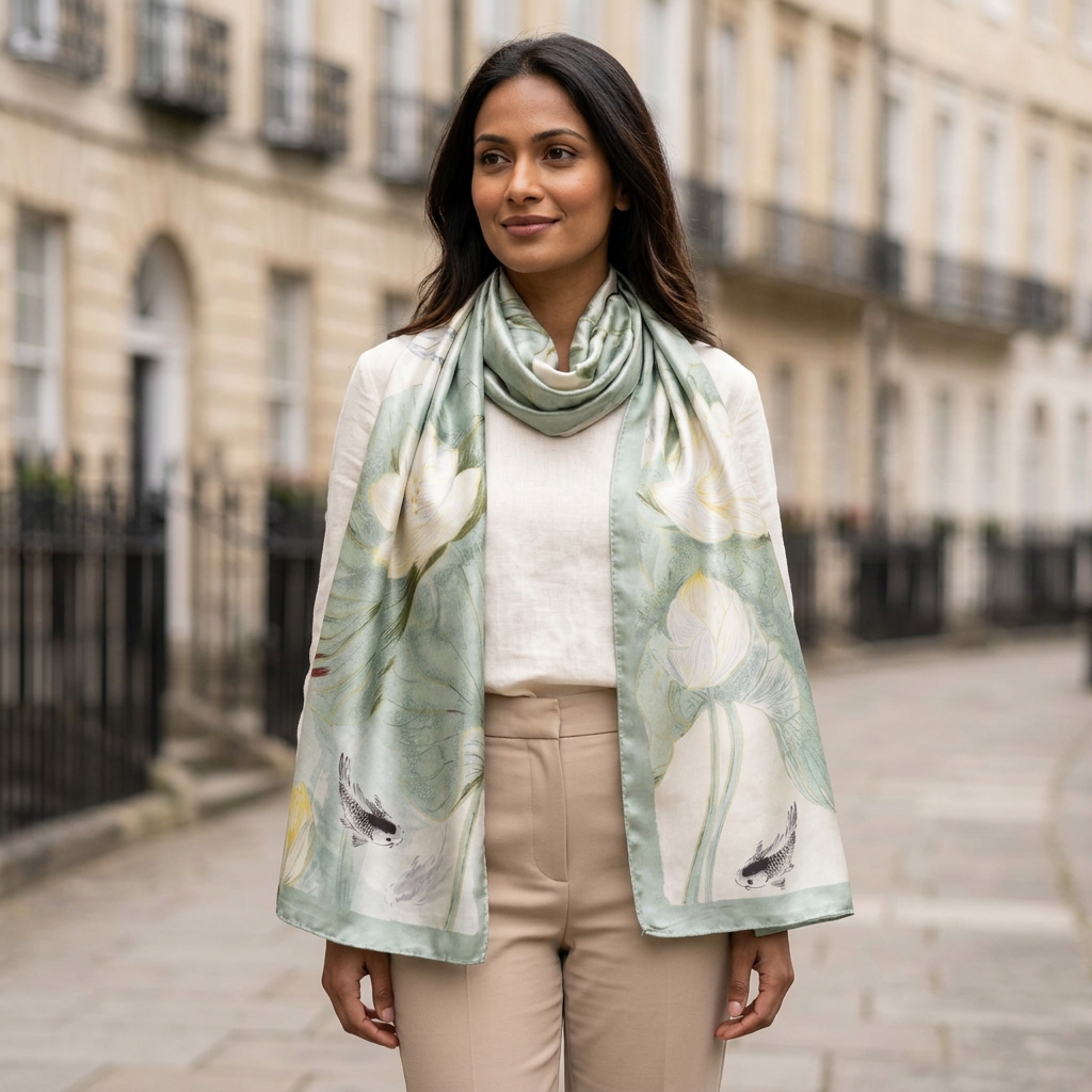 Woman wearing the Lotus Breeze sage green mulberry silk scarf long at the neck on a London street