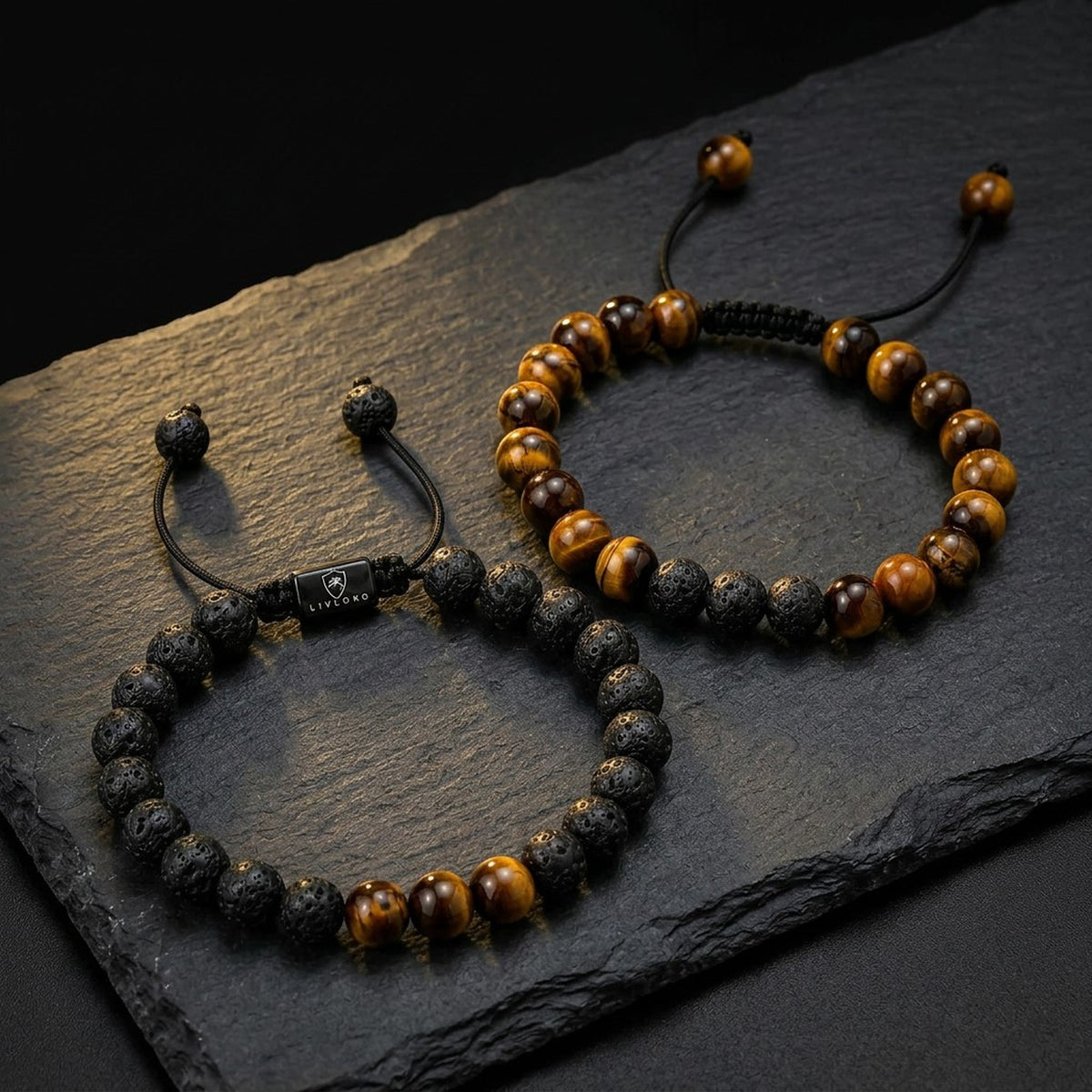 Men's adjustable beaded bracelet set, black and brown beads on rope cords, by LIVLOKO London