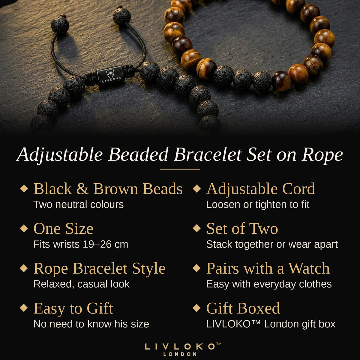 Key features of the men's adjustable rope bracelet set: adjustable cord, fits 19 to 26 cm, set of two, gift boxed