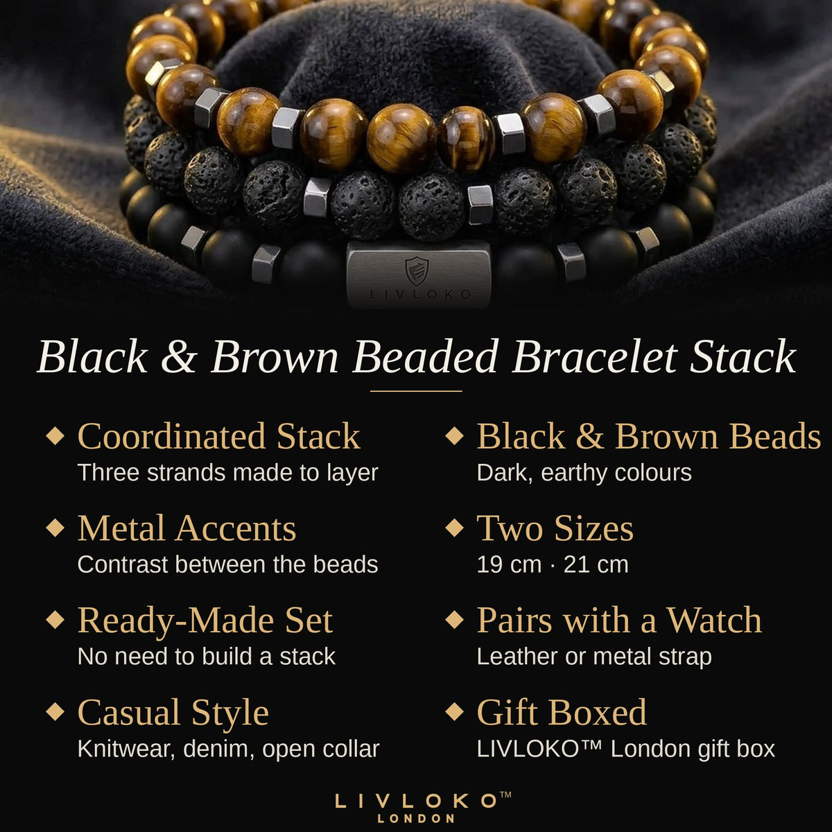 Key features of the men's beaded bracelet stack: coordinated set, black and brown beads, 19 cm and 21 cm, gift boxed