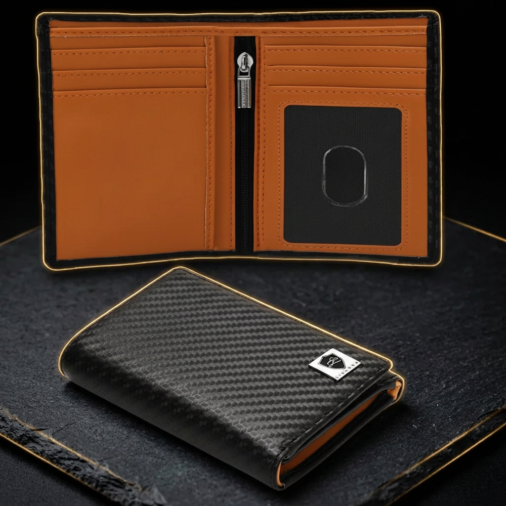 LIVLOKO London men's carbon fibre style card wallet with zip coin pocket and orange interior, shown open and closed on dark slate