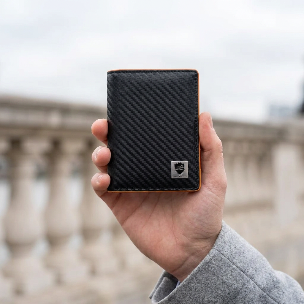 Man holding the LIVLOKO London carbon fibre card wallet with zip coin pocket and orange lining, London