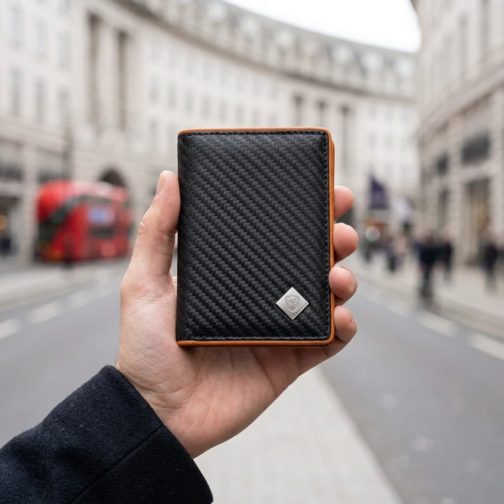 Man holding the men's carbon fibre style card wallet with orange edge on a London street