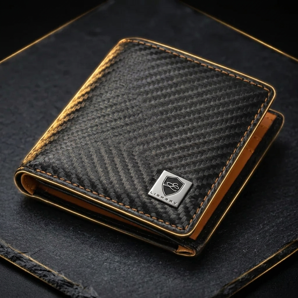 Close-up of the men's carbon fibre style card wallet showing the weave, logo badge and orange edge