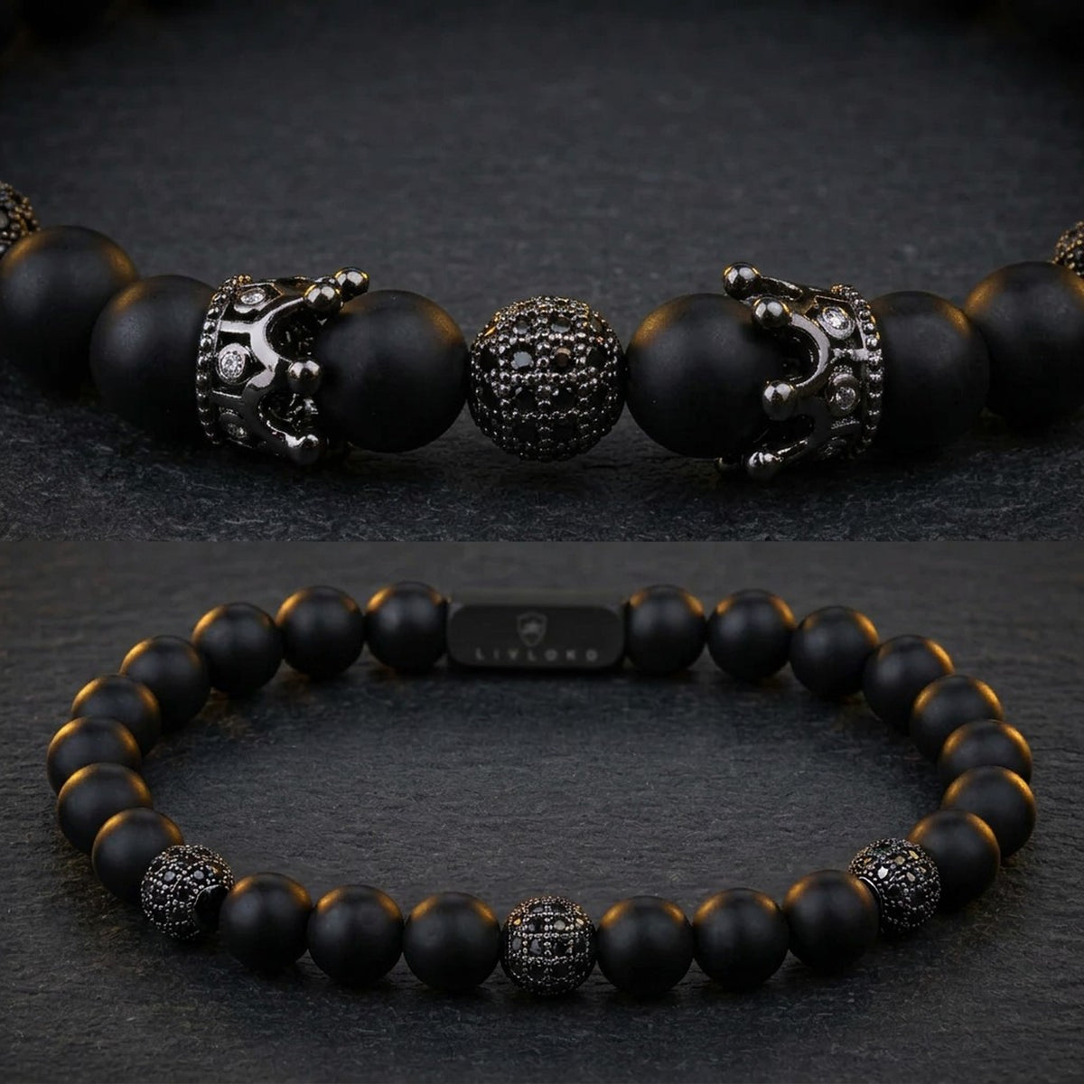 Close-up of the crown centrepiece and black agate stone beads on the men's crown bracelet set