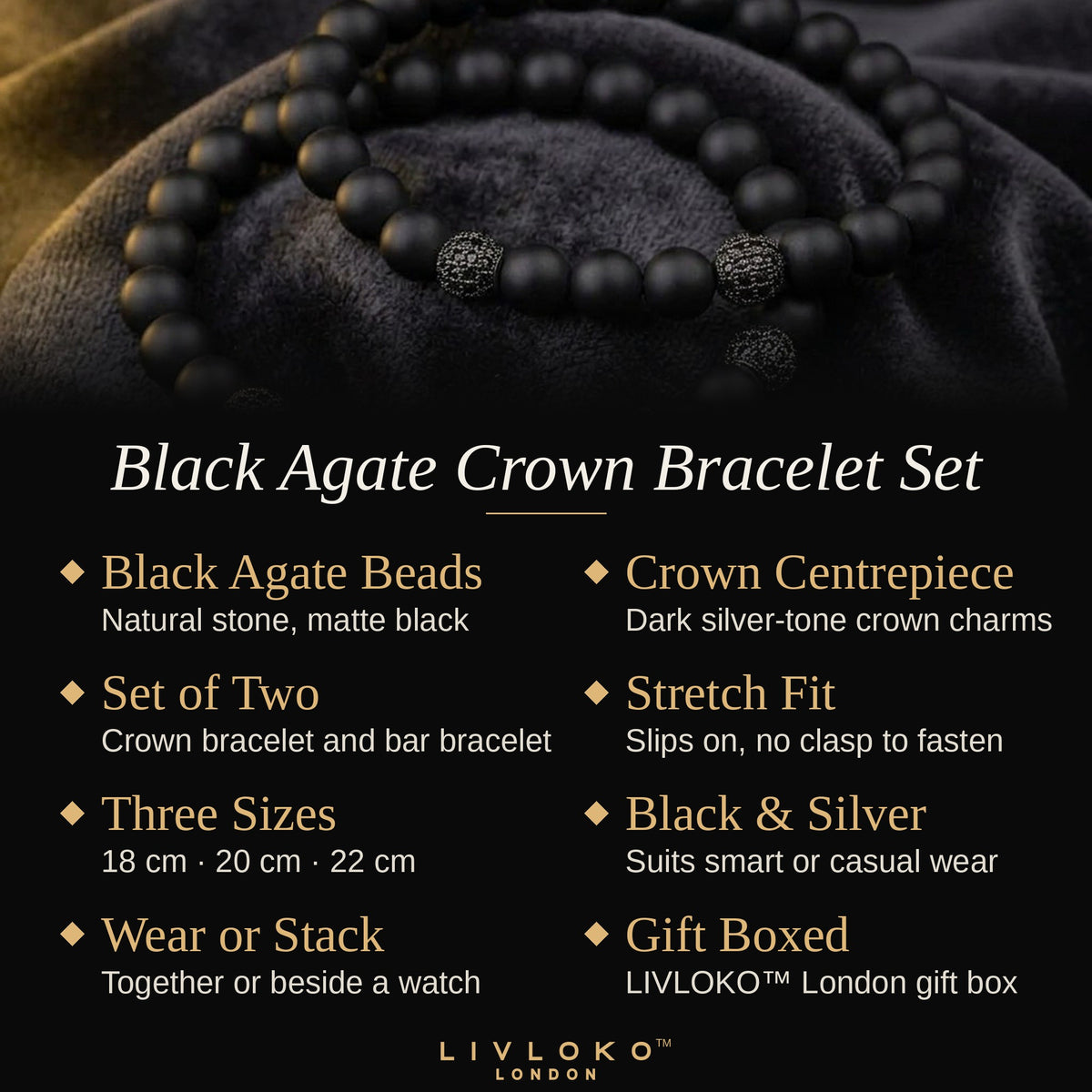 Key features of the men's black agate crown bracelet: black stone beads, stretch fit, 18cm 20cm 22cm, gift boxed
