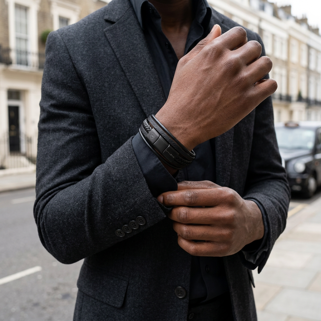 Man wearing the men's black braided leather bracelet with a charcoal jacket on a London street