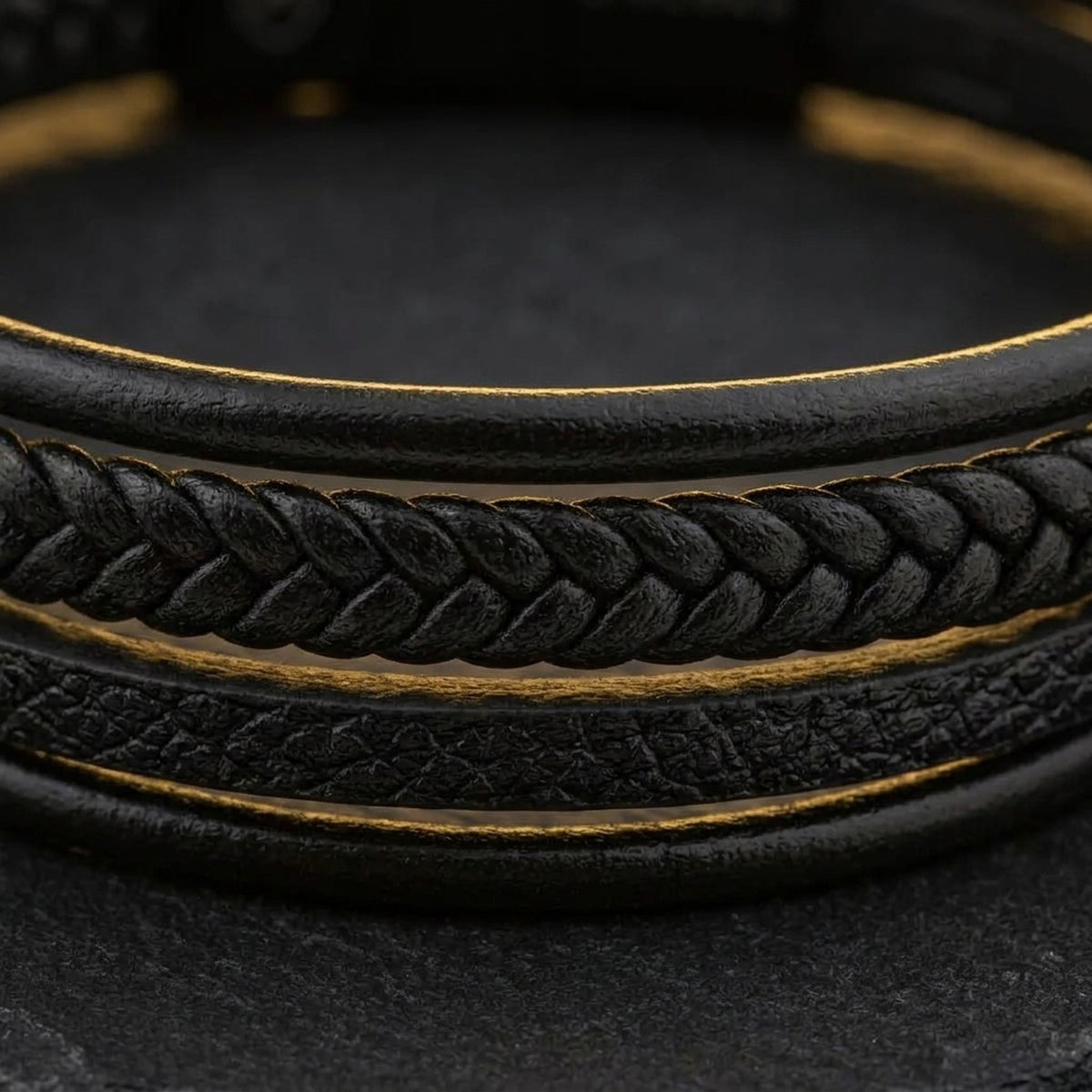 Close-up of the genuine braided leather strands on the men's black leather bracelet
