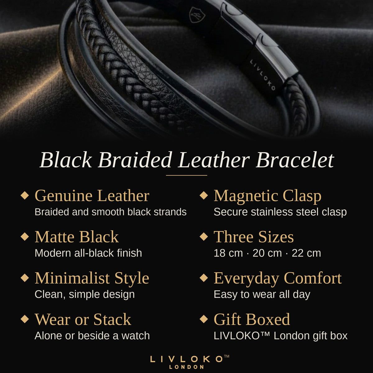 Key features of the men's black braided leather bracelet: genuine leather, magnetic clasp, 18cm 20cm 22cm, gift boxed