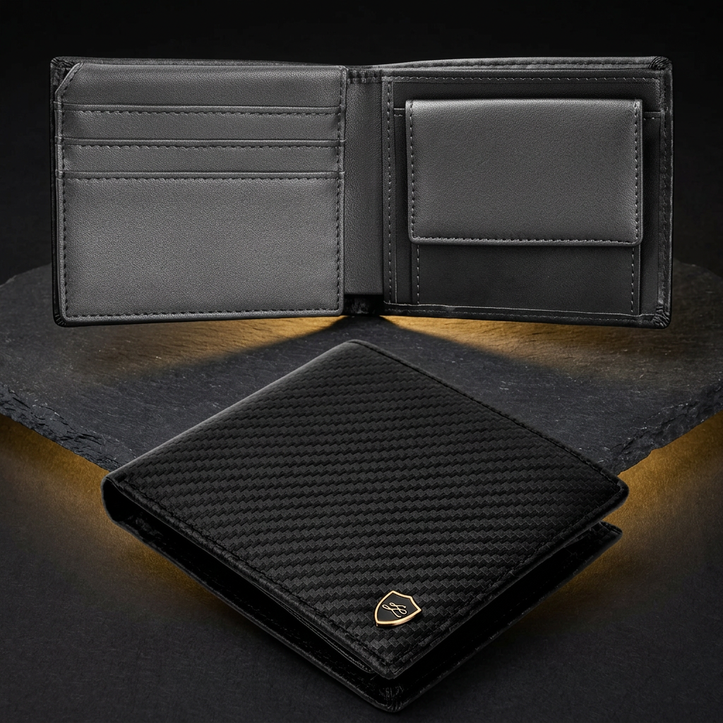 LIVLOKO London men's black carbon fibre RFID wallet with coin pocket, open and closed on dark slate