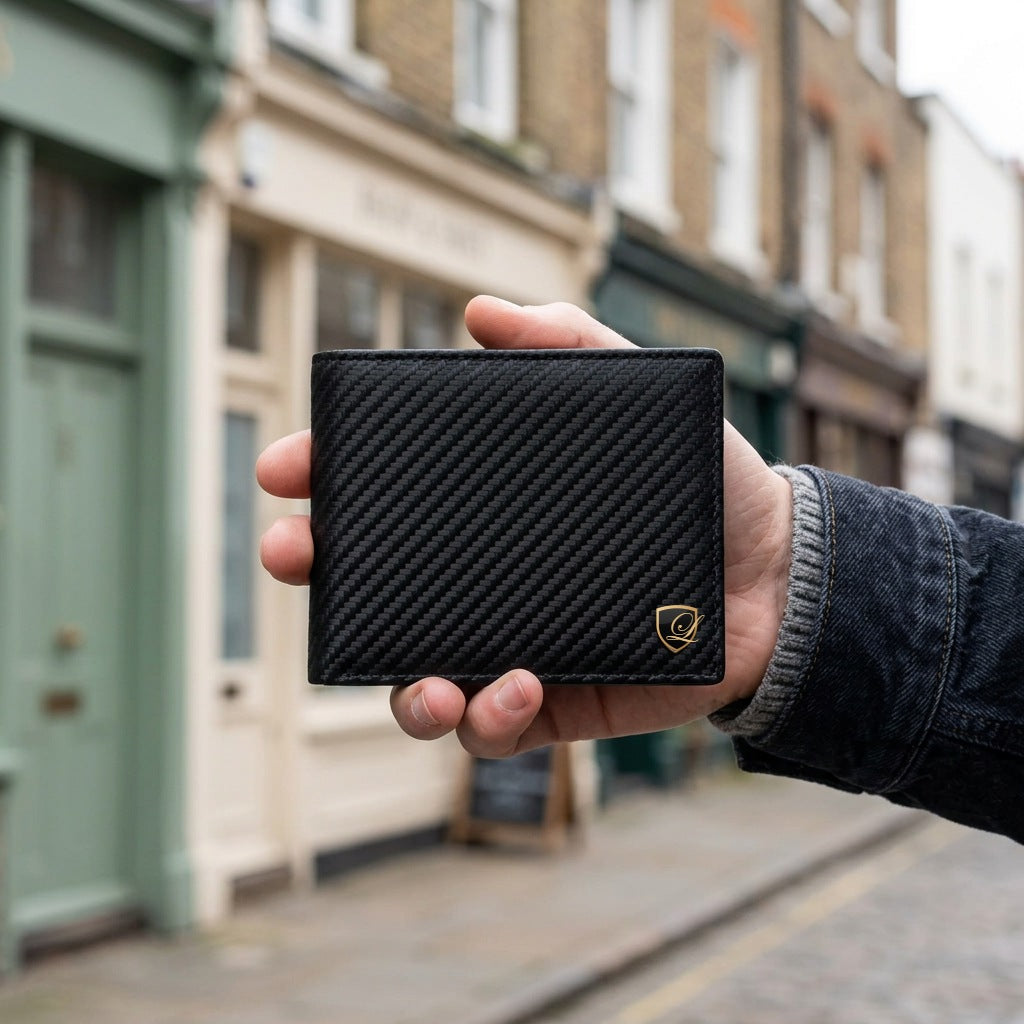 Man holding the LIVLOKO London black carbon fibre RFID wallet with LIVLOKO shield badge, London