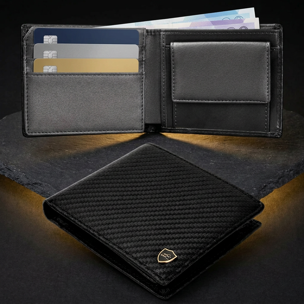 LIVLOKO London black carbon fibre RFID wallet open in use with cards, banknotes and coin pocket