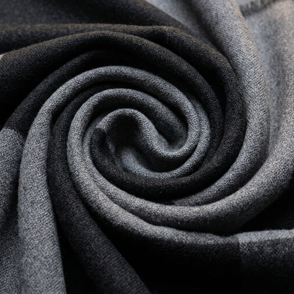Close-up of the soft woven wool on the LIVLOKO London black and grey check scarf