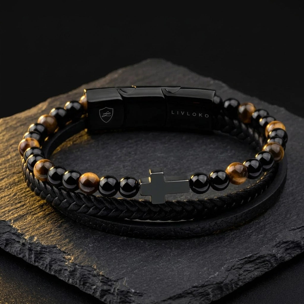 Men's leather cross bracelet with tiger eye beads, black leather and magnetic stainless steel clasp by LIVLOKO London
