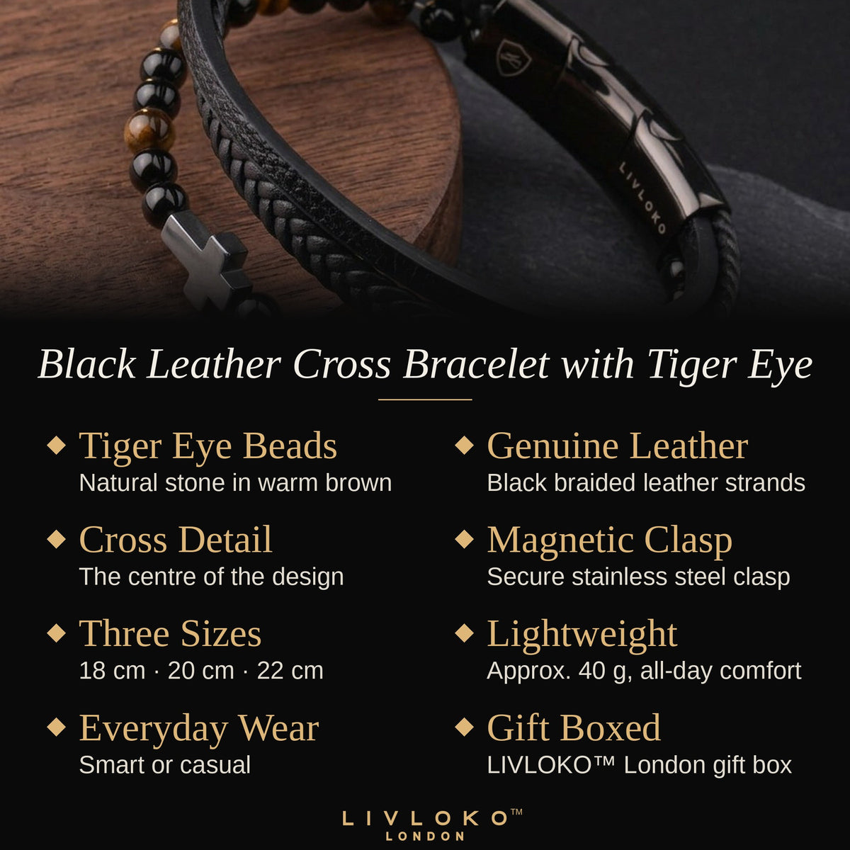 Features of the men's leather cross bracelet with tiger eye: genuine leather, magnetic clasp, gift boxed