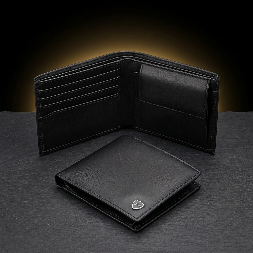 LIVLOKO London men's black genuine leather billfold wallet with coin pocket, open and closed on dark slate