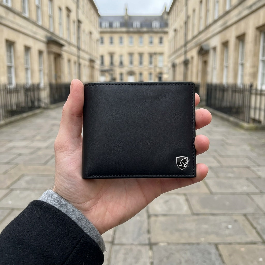 Man holding the LIVLOKO London black genuine leather billfold wallet with LIVLOKO shield badge, London
