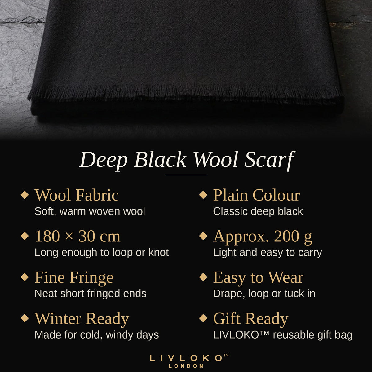 Key features of the LIVLOKO London men's deep black wool scarf, 180 x 30 cm