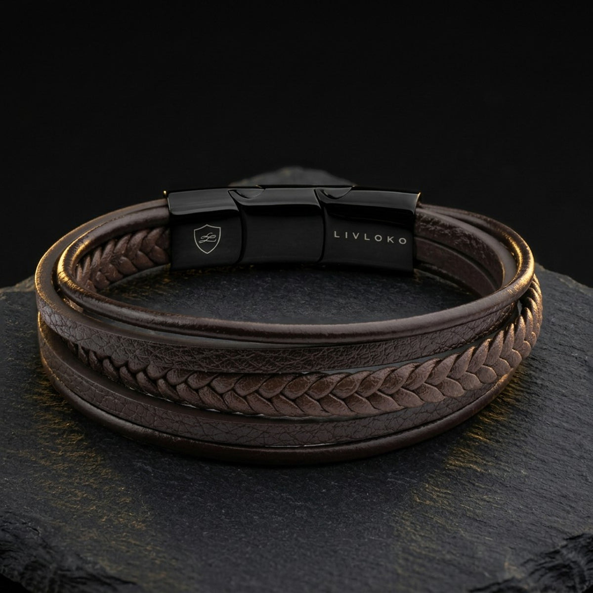Men's brown leather bracelet with magnetic clasp, brown braided leather, by LIVLOKO London