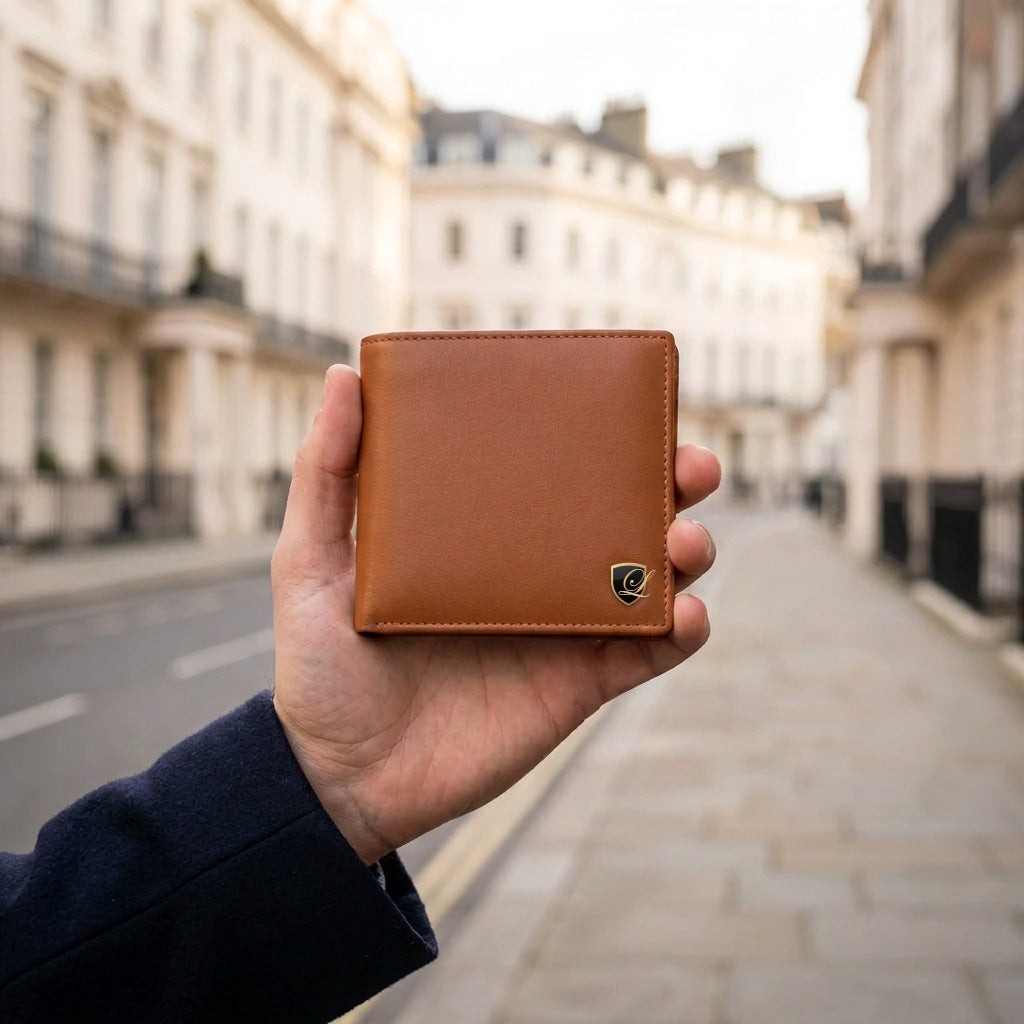 Man holding the LIVLOKO London brown leather RFID wallet with LIVLOKO shield badge, London