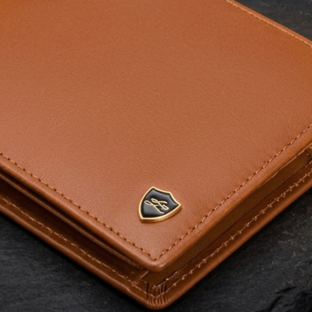 Close-up of the LIVLOKO London brown leather RFID wallet showing the LIVLOKO shield badge