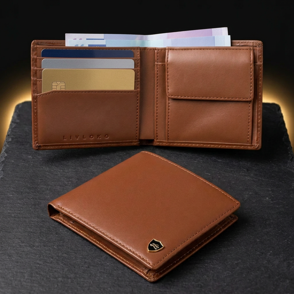 LIVLOKO London brown leather RFID wallet open in use with cards, banknotes and coin pouch
