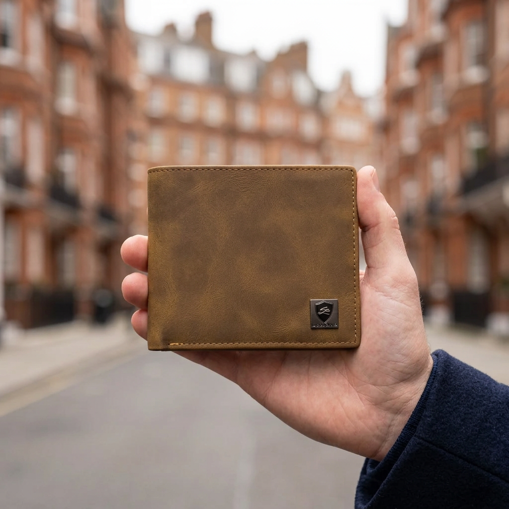 Man holding the LIVLOKO London brown RFID bifold wallet with coin pocket, London street