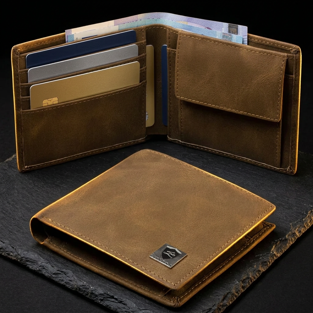 LIVLOKO London brown RFID bifold wallet open in use with cards, banknotes and coin pocket