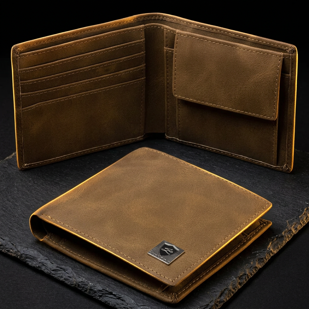 LIVLOKO London men's brown vegan leather RFID bifold wallet, shown open and closed on dark slate
