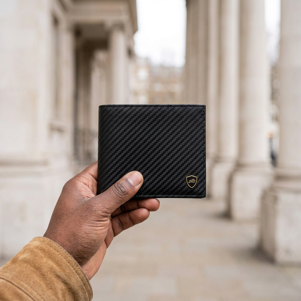 Man holding the LIVLOKO London black carbon fibre bifold wallet with coin pocket, London