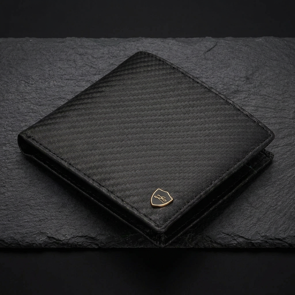 Close-up of the men's black carbon fibre style bifold wallet showing the weave and logo badge