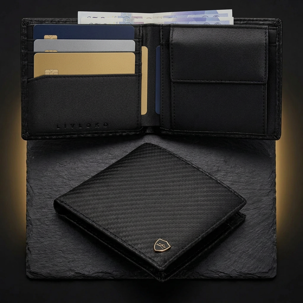 LIVLOKO London black carbon fibre bifold wallet open in use with cards, banknotes and coin pocket