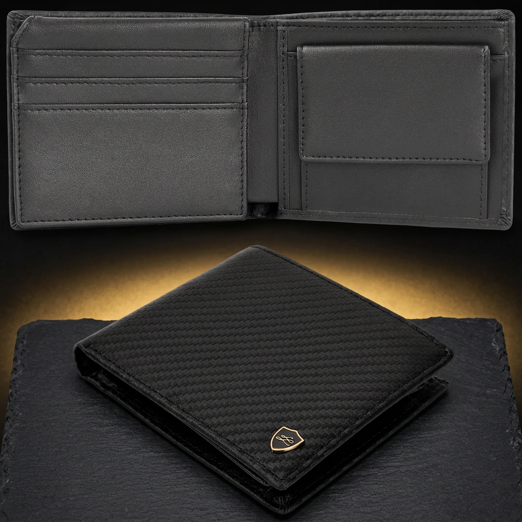 LIVLOKO London men's carbon fibre style RFID bifold wallet with coin pocket, shown open and closed on dark slate