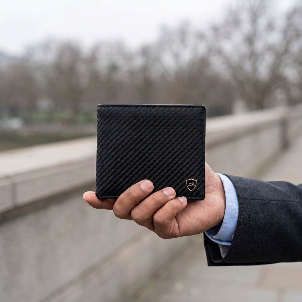 Man holding the LIVLOKO London carbon fibre RFID bifold wallet with coin pocket, London