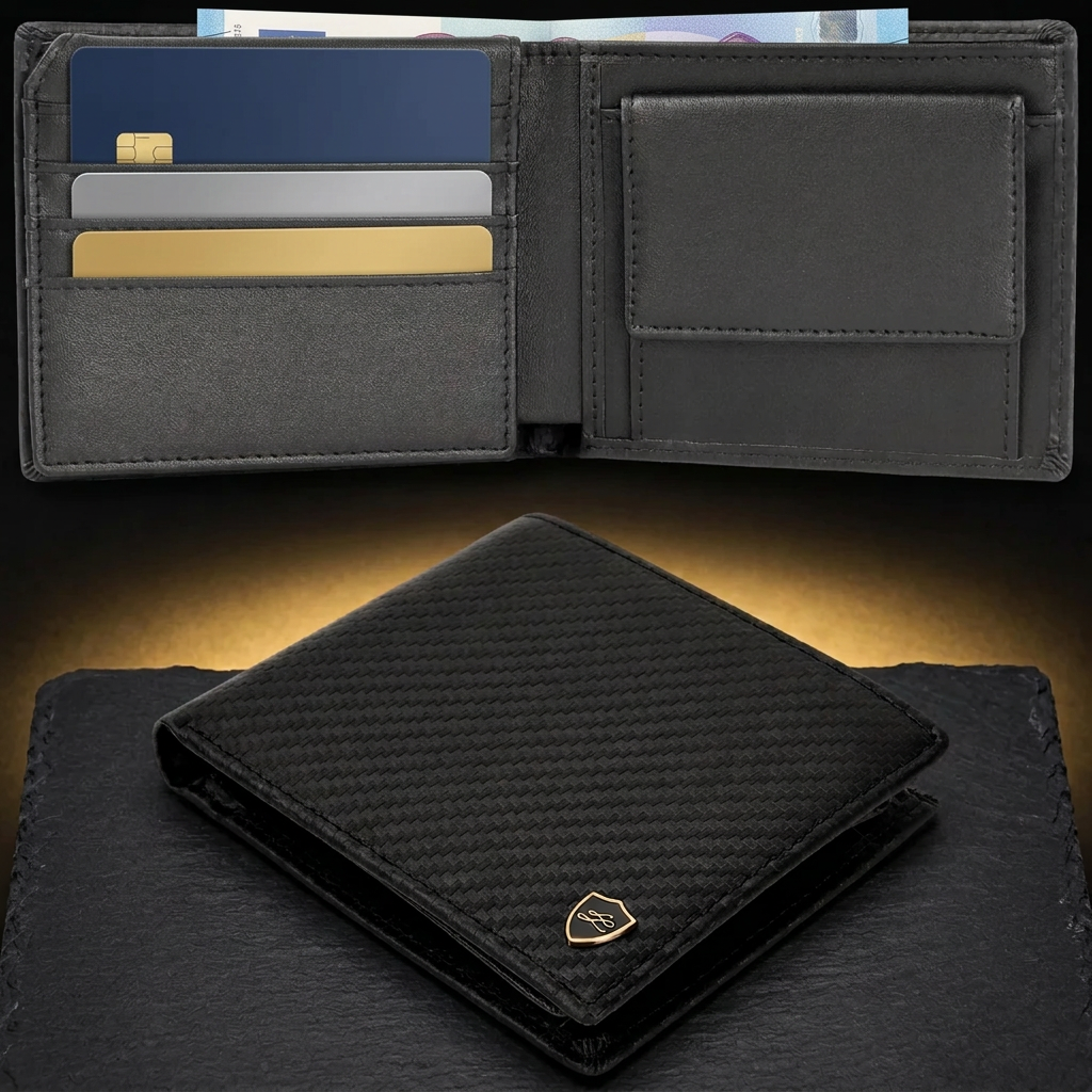 LIVLOKO London carbon fibre RFID bifold wallet open in use with cards, banknotes and coin pocket