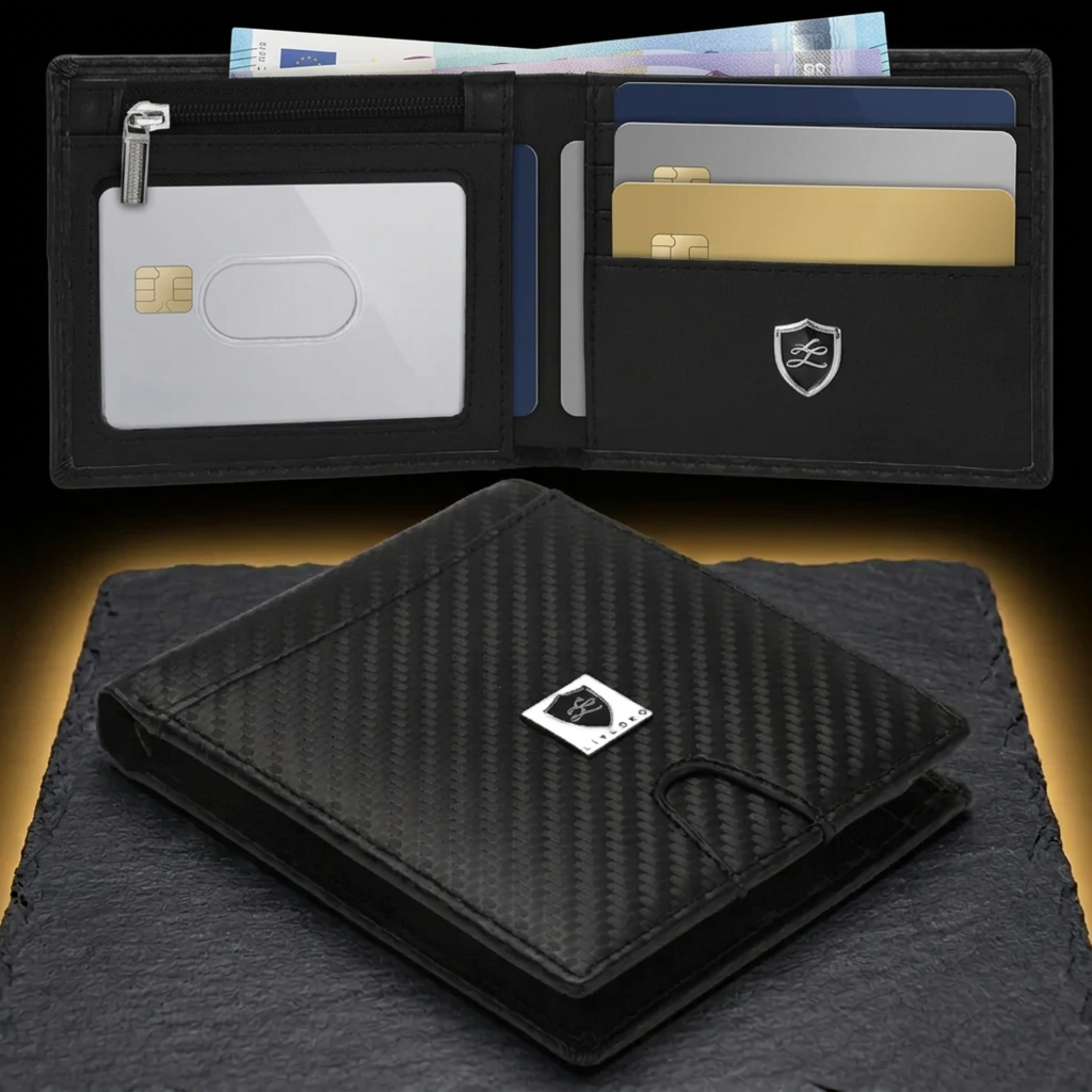 LIVLOKO London black RFID bifold card holder wallet open in use with cards, ID and banknotes