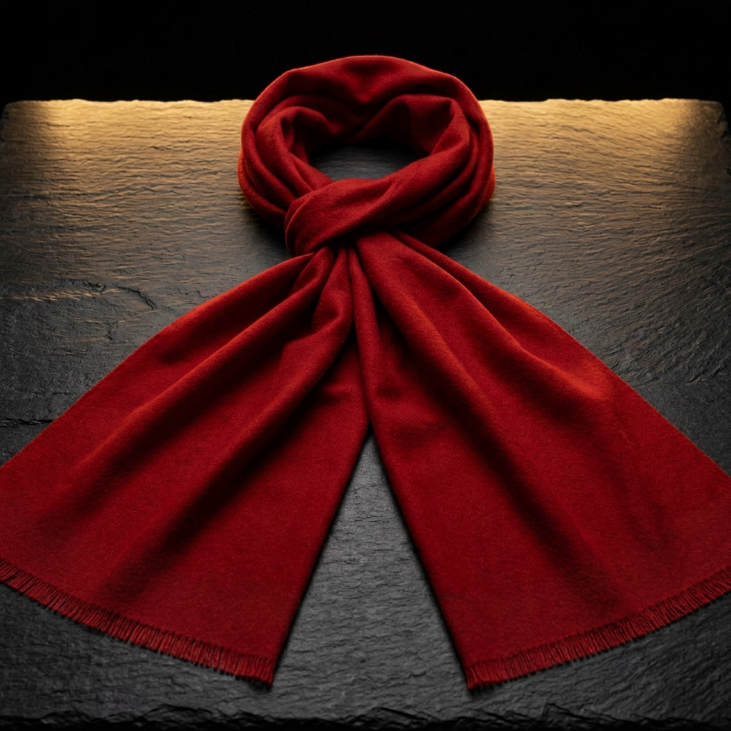 Men's deep red wool scarf for winter, 180 × 30 cm, draped on dark slate by Livloko London