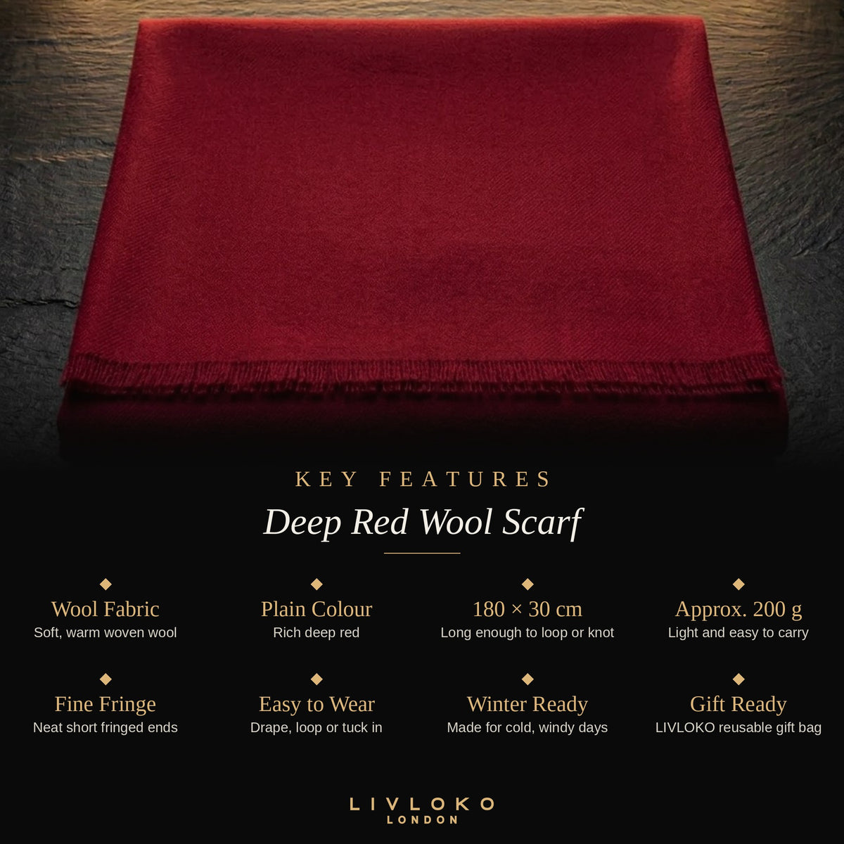 Key features of the men's deep red wool scarf: wool fabric, 180 × 30 cm, approx. 200 g, gift bag
