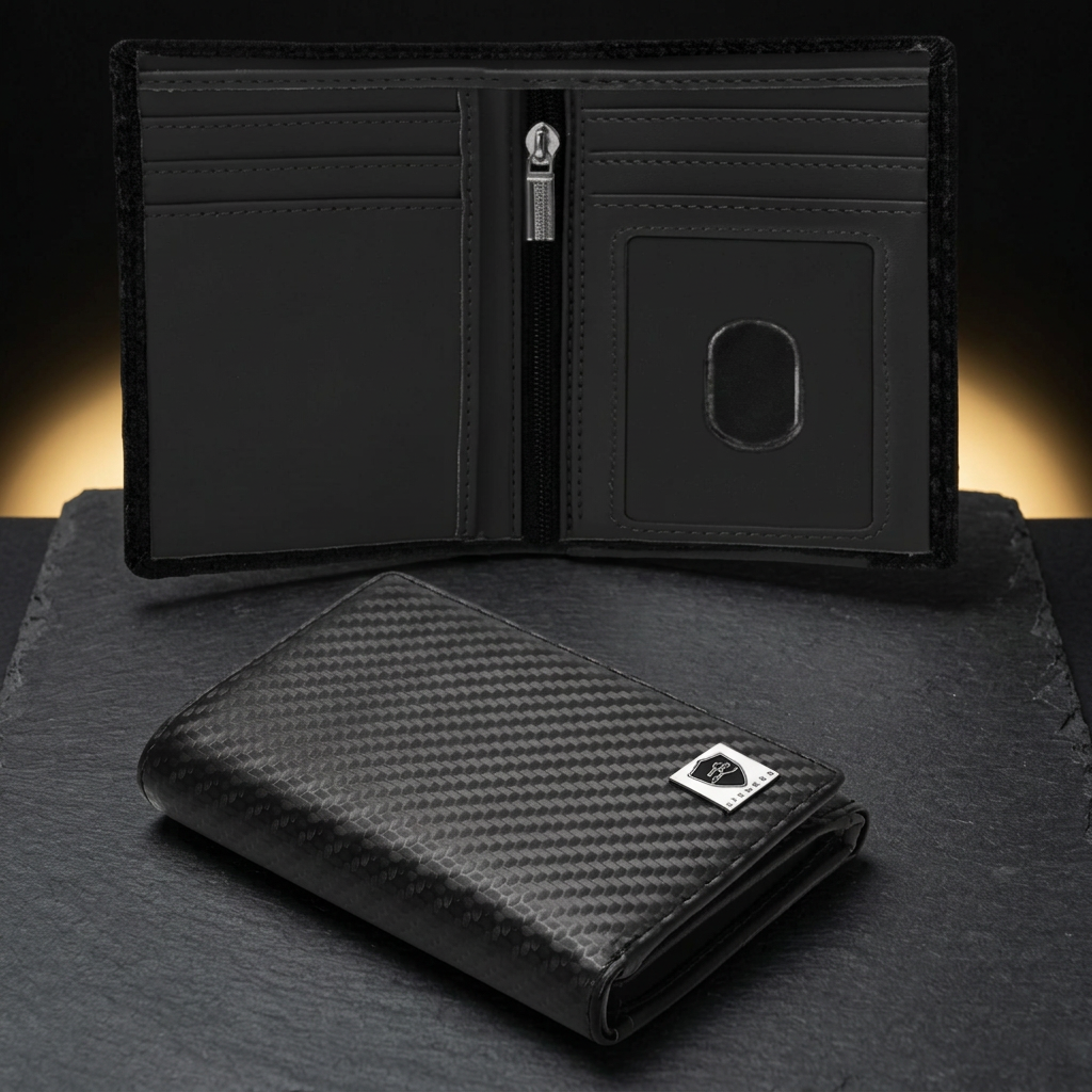 LIVLOKO London men's black carbon fibre style bifold wallet with ID window, shown open and closed on dark slate
